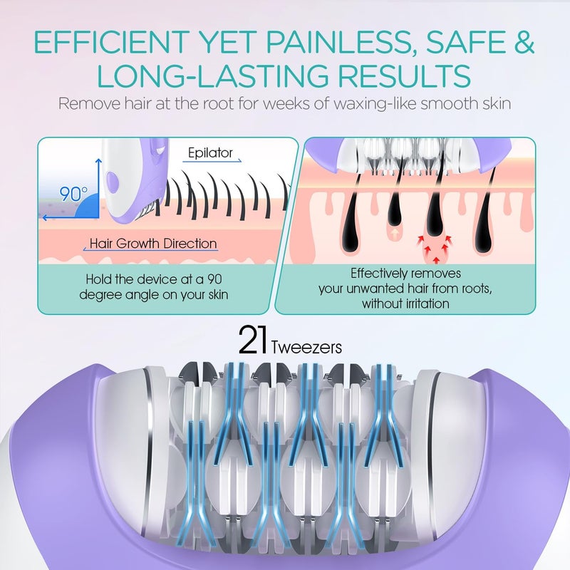 VOGOE Epilators Hair Removal for Women with 21 Tweezers & LED Light, 2 Speeds Cordless Epilator for Women, Electric Hair Removal Epilators Rechargeable for Arms & Legs HR110 (Purple) - Image 3